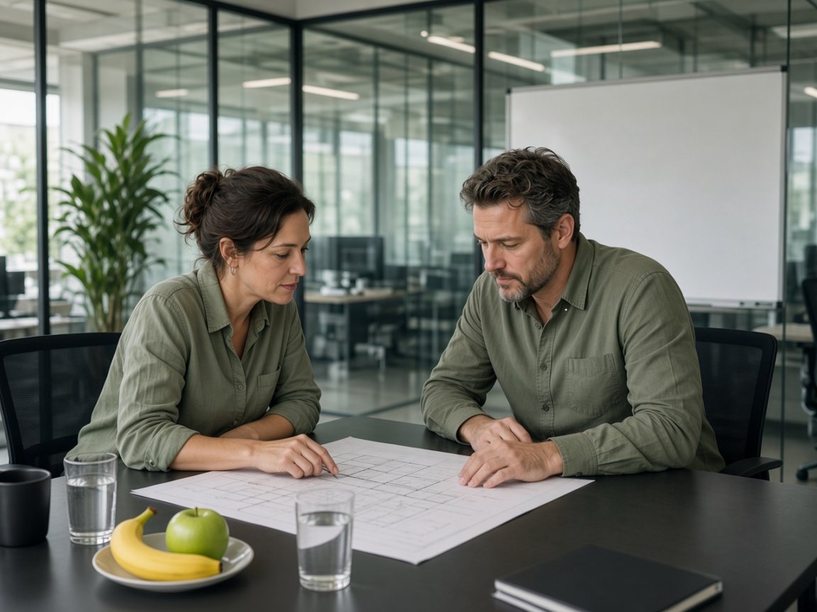 Due persone rivedono un piano di lavoro, con frutta e acqua. Immagine illustrativa.