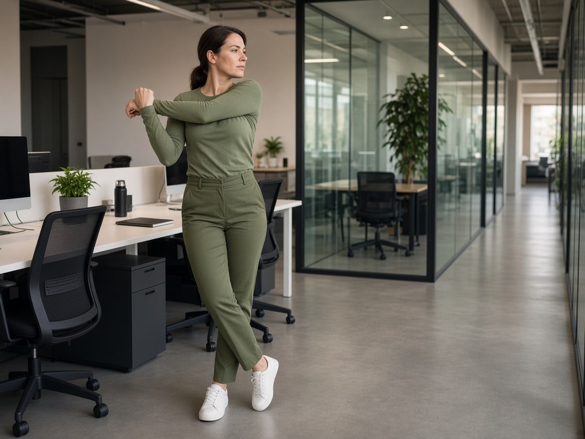 Una persona fa stretching in un corridoio di lavoro. Immagine illustrativa.