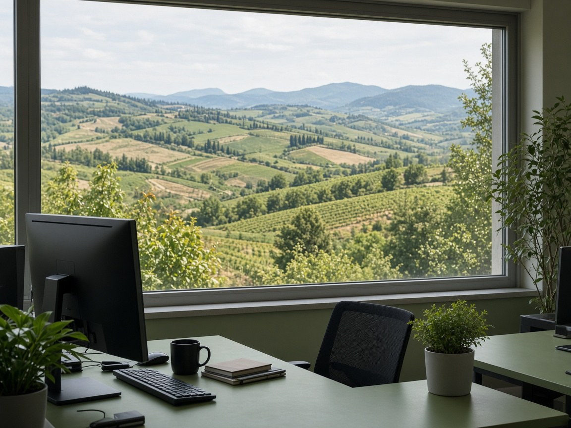 Finestra sul paesaggio da un ambiente di lavoro. Immagine illustrativa.